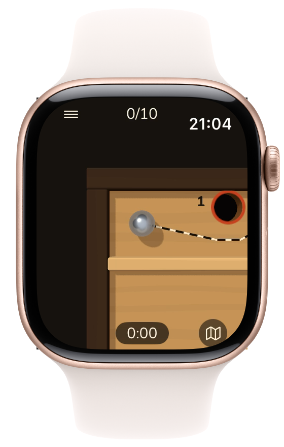 Level 2 on a Birch board: the steel ball rolls from START along the dashed route past the first holes, at real speed