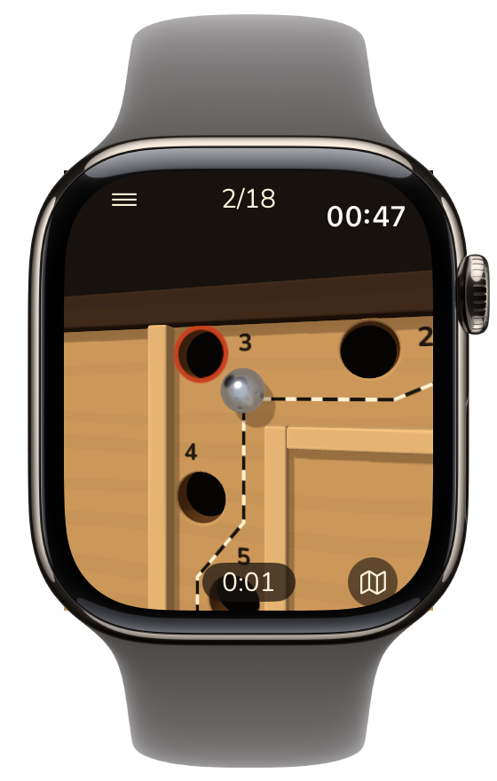 A corner of level 5 on a Birch board: the steel ball came in fast and rests on the rim of hole 3