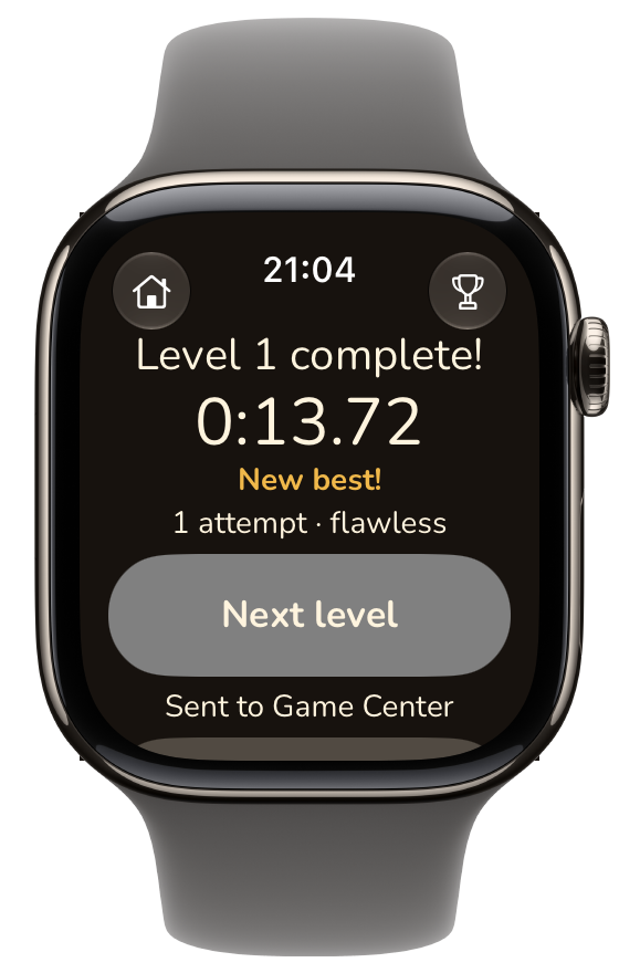 The Level 1 complete screen: the time, "New best!", "1 attempt · flawless", the Next level button and "Sent to Game Center"