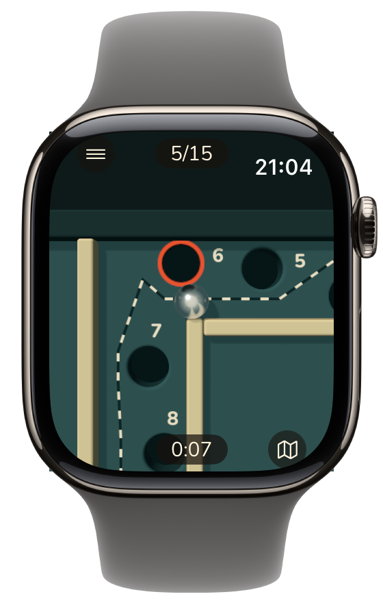 Level 7 in the Enamel look: the steel ball rolls past numbered holes along the dashed route