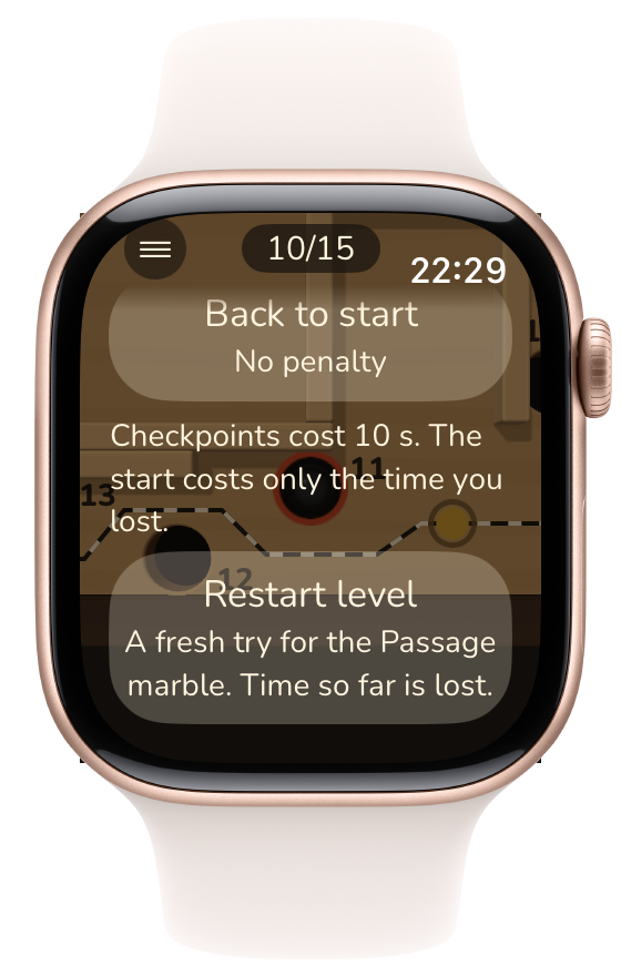 The fall screen after a checkpoint: Back to checkpoint with its time penalty, Back to start and Restart level