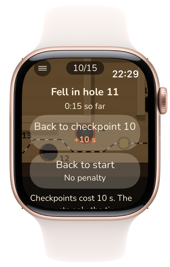The fall screen after a checkpoint: Back to checkpoint with its time penalty, Back to start and Restart level