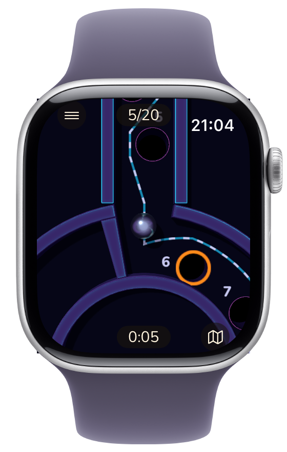Level 14 in the Neon look: the steel ball in play along the dashed route past numbered holes