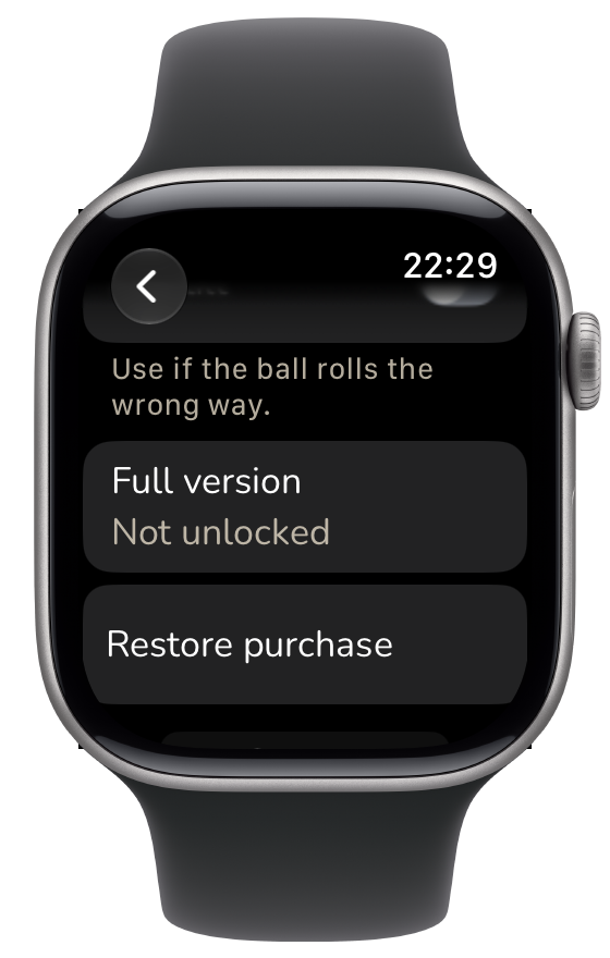 Settings with the Restore purchase button