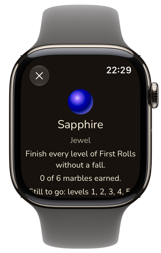 The Sapphire chapter jewel in Look with the note "Finish every level of First Rolls without a fall"