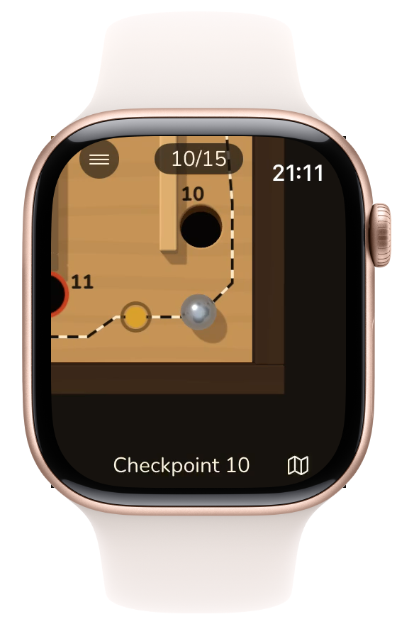 Die Kugel passiert in Level 4 den Checkpoint nach Loch 10 mit der Beschriftung „Checkpoint 10“