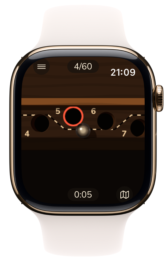 Level 30 in the Walnut look: the steel ball winds along the dashed route between numbered holes